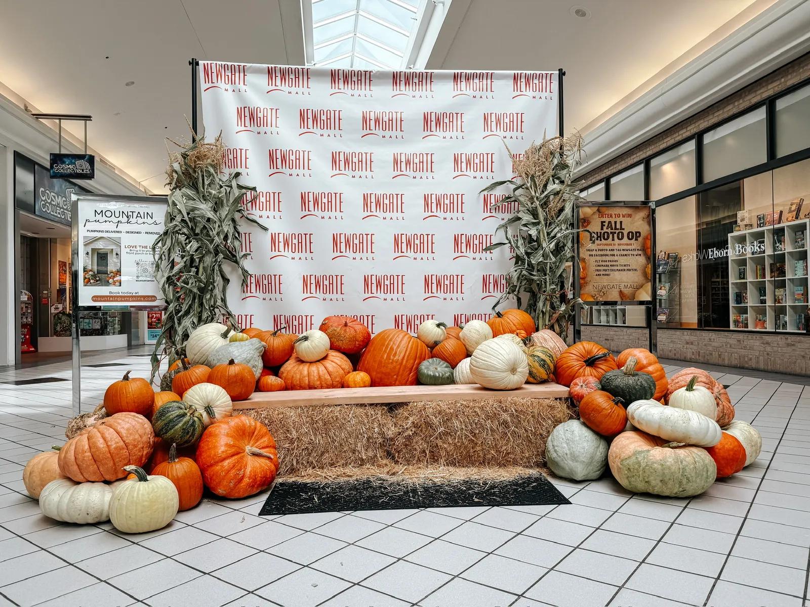 Wide indoor mall pumpkin display built as a photo-op, flanked by corn stalks and hay bales